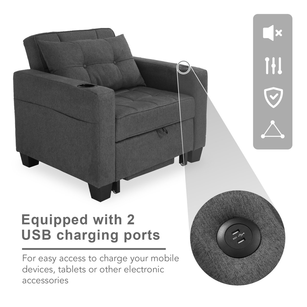 Latitude Run 36.6" Wide Convertible Chair 3-In-1 Pull Out Sleeper Futon Chair Beds with USB